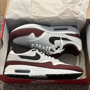 New in Box Nike Air Max 1 Sneakers - White, Burgundy Red and Black